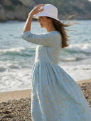 Women's Botanical Print Midi – Round Neck 3/4 Sleeve Gathered Waist Summer Dress