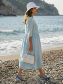 Women's Botanical Print Midi – Round Neck 3/4 Sleeve Gathered Waist Summer Dress