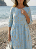 Women's Botanical Print Midi – Round Neck 3/4 Sleeve Gathered Waist Summer Dress