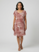 Women's Botanical Scroll Print Chiffon Mini – Round Neck Flutter Sleeve Four Tier Wedding Guest Dress