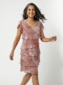 Women's Botanical Scroll Print Chiffon Mini – Round Neck Flutter Sleeve Four Tier Wedding Guest Dress