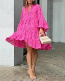 Women's Broderie Anglaise Mini – V Neck Flare Sleeve Tiered Button Dress