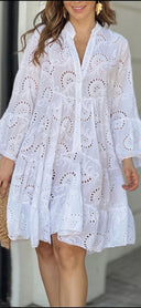 Women's Broderie Anglaise Mini – V Neck Flare Sleeve Tiered Button Dress