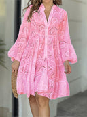 Women's Broderie Anglaise Mini – V Neck Flare Sleeve Tiered Button Dress