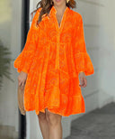 Women's Broderie Anglaise Mini – V Neck Flare Sleeve Tiered Button Dress