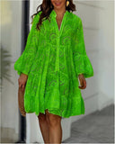 Women's Broderie Anglaise Mini – V Neck Flare Sleeve Tiered Button Dress