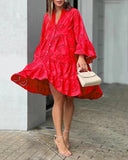 Women's Broderie Anglaise Mini – V Neck Flare Sleeve Tiered Button Dress