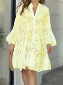 Women's Broderie Anglaise Mini – V Neck Flare Sleeve Tiered Button Dress