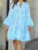 Women's Broderie Anglaise Mini – V Neck Flare Sleeve Tiered Button Dress