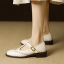 Women's Brogue T-Strap Mary Jane Shoes – Round Toe Wingtip Buckle Low Block Heel