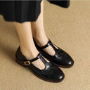 Women's Brogue T-Strap Mary Jane Shoes – Round Toe Wingtip Buckle Low Block Heel
