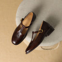 Women's Brogue T-Strap Mary Jane Shoes – Round Toe Wingtip Buckle Low Block Heel