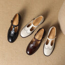 Women's Brogue T-Strap Mary Jane Shoes – Round Toe Wingtip Buckle Low Block Heel