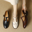 Women's Brogue T-Strap Mary Jane Shoes – Round Toe Wingtip Buckle Low Block Heel