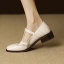 Women's Brogue T-Strap Mary Jane Shoes – Round Toe Wingtip Buckle Low Block Heel
