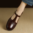 Women's Brogue T-Strap Mary Jane Shoes – Round Toe Wingtip Buckle Low Block Heel