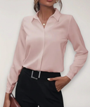 Women's Button Up Office Blouse – Collared Long Sleeve Solid Tailored Work Top