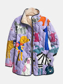 Women's Cartoon Dog Print Quilted Jacket – Stand Collar Long Sleeve Snap Button Spring Coat