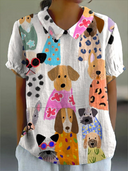 Women's Cartoon Dog Print Top – Collared Short Sleeve Casual Everyday Shirt