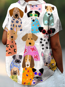 Women's Cartoon Dog Print Top – Collared Short Sleeve Casual Everyday Shirt