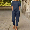 Women's Casual Linen Two Piece Set – Short Sleeve Crew Neck Top Tapered Pants