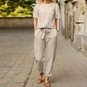 Women's Casual Linen Two Piece Set – Short Sleeve Crew Neck Top Tapered Pants