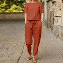 Women's Casual Linen Two Piece Set – Short Sleeve Crew Neck Top Tapered Pants