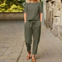 Women's Casual Linen Two Piece Set – Short Sleeve Crew Neck Top Tapered Pants