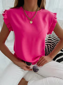 Women's Casual Solid Blouse – Crew Neck Ruffle Cap Sleeve Loose Top