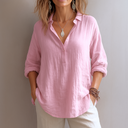Women's Casual Solid Blouse – V Neck Button Front Long Sleeve Loose Top