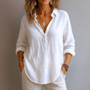 Women's Casual Solid Blouse – V Neck Button Front Long Sleeve Loose Top