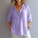 Women's Casual Solid Blouse – V Neck Button Front Long Sleeve Loose Top