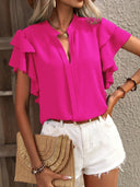 Women's Casual Solid Blouse – V Neck Ruffle Short Sleeve Loose Top