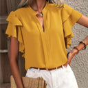 Women's Casual Solid Blouse – V Neck Ruffle Short Sleeve Loose Top