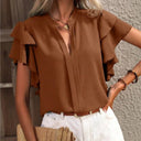 Women's Casual Solid Blouse – V Neck Ruffle Short Sleeve Loose Top