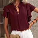Women's Casual Solid Blouse – V Neck Ruffle Short Sleeve Loose Top