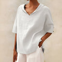 Women's Casual Solid Blouse – V Neck Short Sleeve Loose Fit Top
