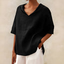 Women's Casual Solid Blouse – V Neck Short Sleeve Loose Fit Top