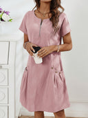 Women's Casual Solid Midi – Short Sleeve Half Zip Pocket Summer Dress