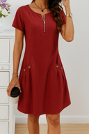 Women's Casual Solid Midi – Short Sleeve Half Zip Pocket Summer Dress