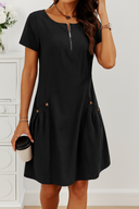 Women's Casual Solid Midi – Short Sleeve Half Zip Pocket Summer Dress