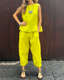 Women's Casual Solid Sleeveless Top – Wide Leg Ankle Pants Summer Two Piece Set
