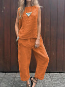 Women's Casual Solid Sleeveless Top – Wide Leg Ankle Pants Summer Two Piece Set
