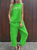 Women's Casual Solid Sleeveless Top – Wide Leg Ankle Pants Summer Two Piece Set