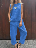 Women's Casual Solid Sleeveless Top – Wide Leg Ankle Pants Summer Two Piece Set
