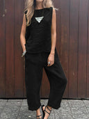 Women's Casual Solid Sleeveless Top – Wide Leg Ankle Pants Summer Two Piece Set