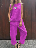 Women's Casual Solid Sleeveless Top – Wide Leg Ankle Pants Summer Two Piece Set