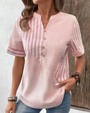 Women's Casual Striped Blouse – V Neck Button Front Short Sleeve Summer Top