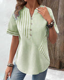Women's Casual Striped Blouse – V Neck Button Front Short Sleeve Summer Top