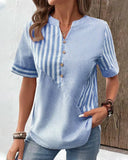 Women's Casual Striped Blouse – V Neck Button Front Short Sleeve Summer Top